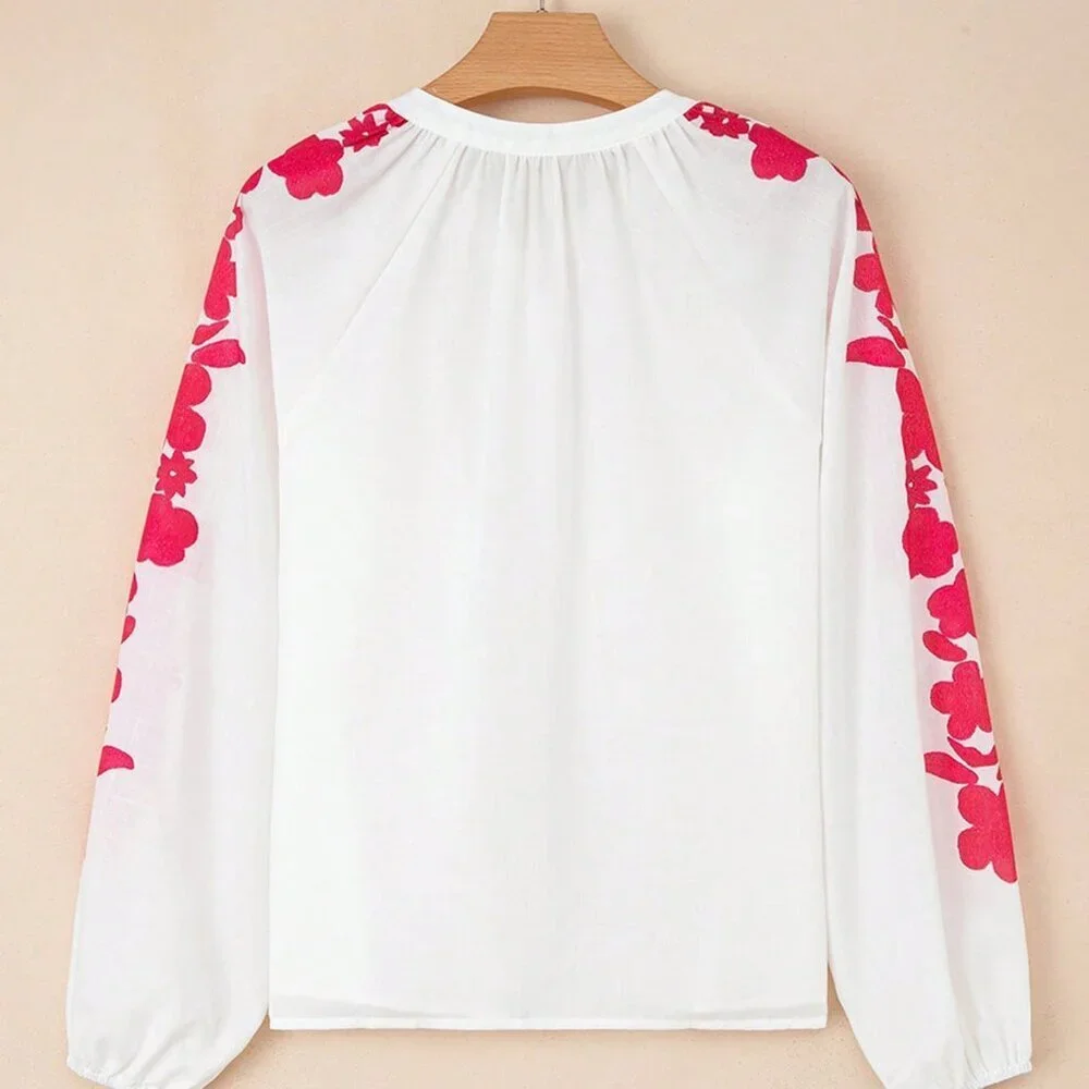 White Casual Women's Floral Embroidery Puff Sleeve Button-Up Shirt